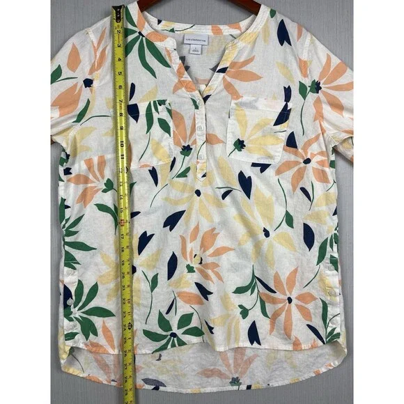 Liz Claiborne Linen Blend Tunic TopSplit Neck Colorful Floral Roll Tab Sleeves L - Picture 10 of 10